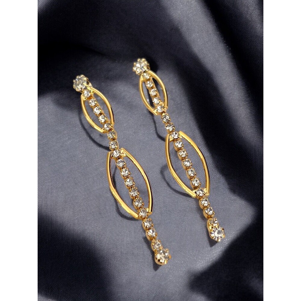 Vintage 1960s Crystal Drop Earrings Gold Tone Prong Set Dangle NOS - 9G